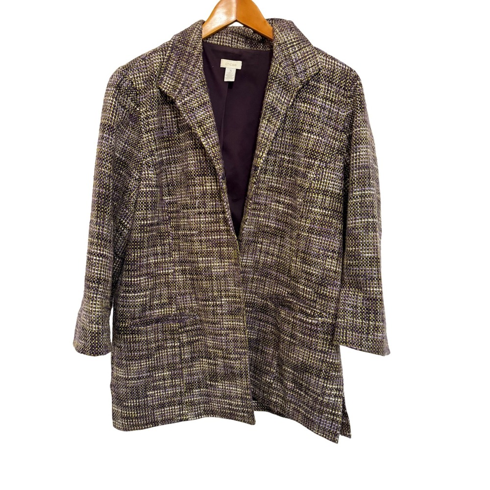 Chico's Women Blazer 3 XL Purple Gold Tweed Metallic Open Front Dark Academia